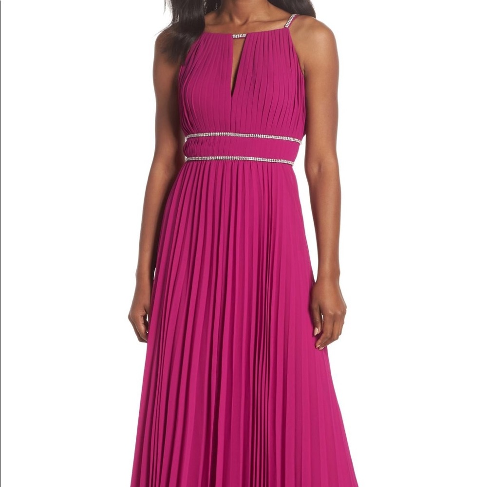 Fuchsia Jeweled Strapped Pleated Gown